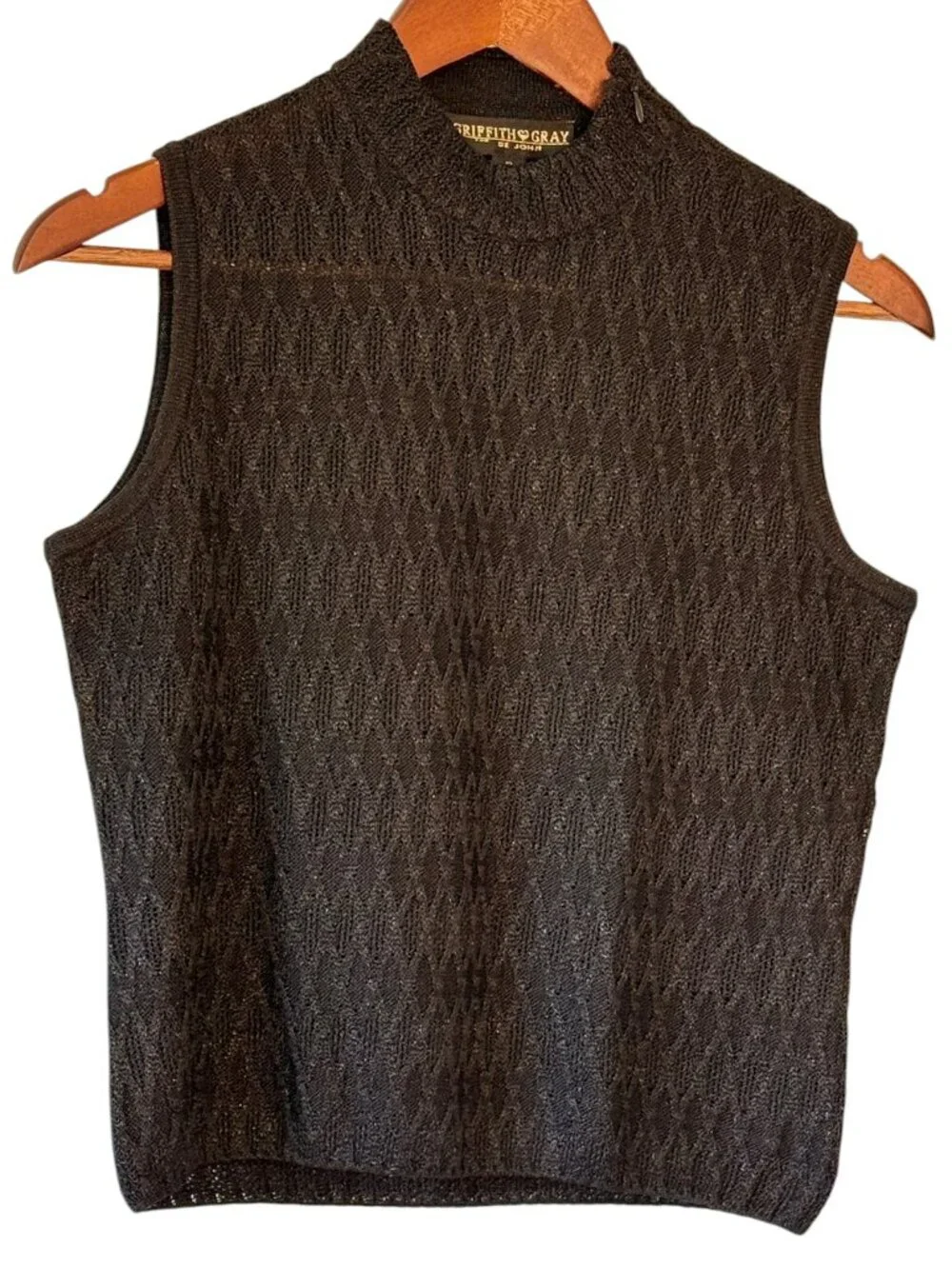 St John Sweater Black Diamond Knit with Metallic Threads Sleeveless High Neck S